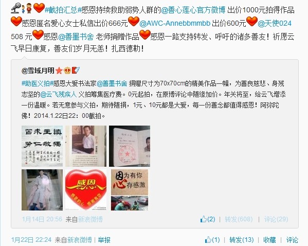 善心莲心&nbsp;<wbr>义拍资助残疾人云飞医疗费