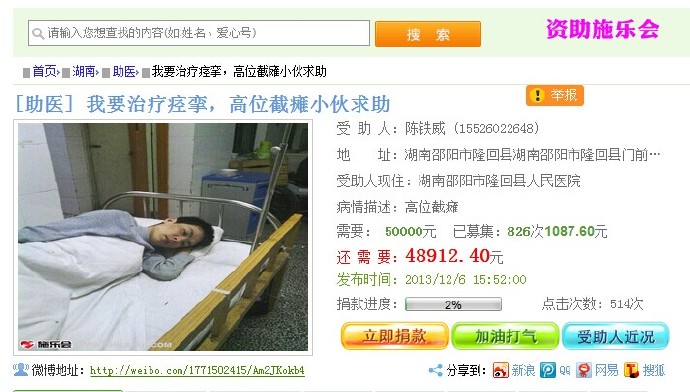 善心莲心资助瘫痪病人郝运旗、陈铁威医疗费